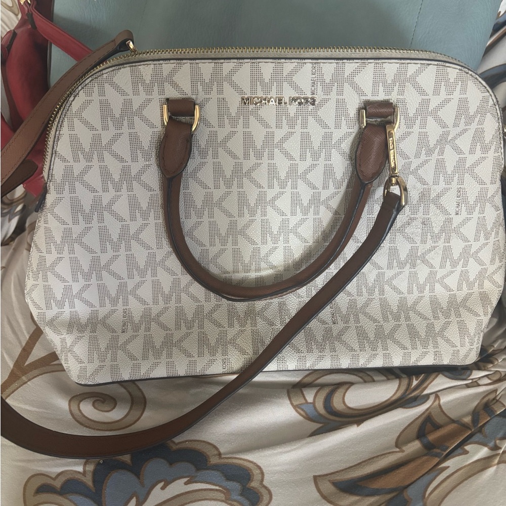 Michael Kors Signature White and Brown Satchel